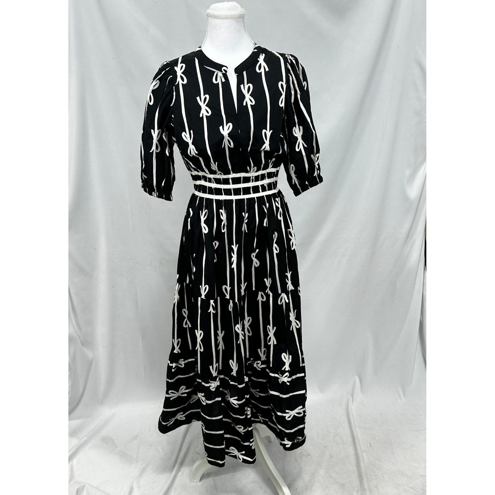 Umgee Sz Small Midi Dress Black White Bow Print Cotton Tiered Coquette Parisian